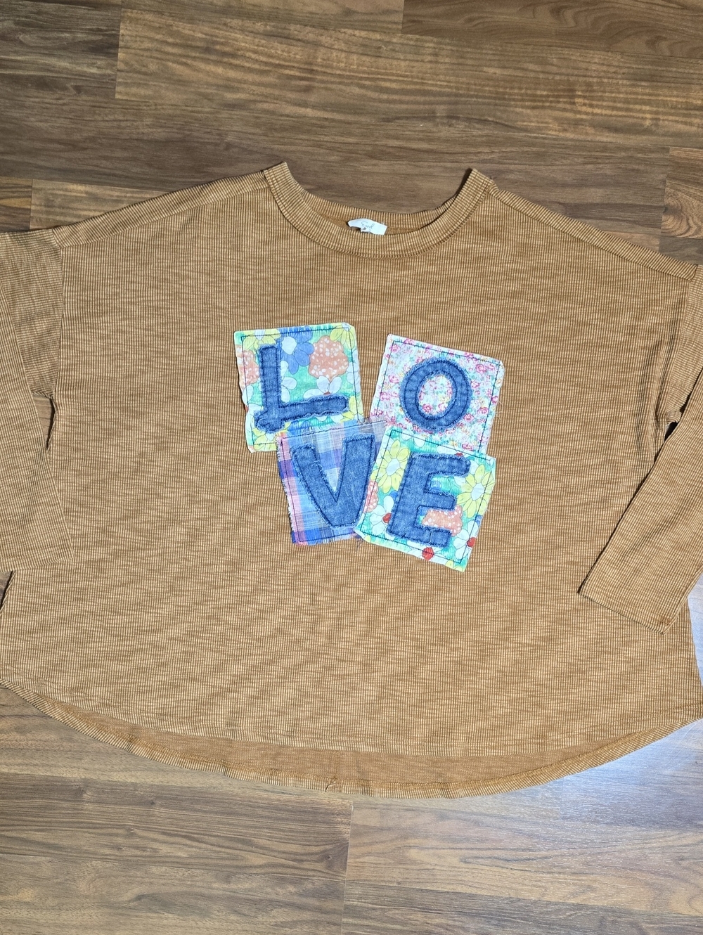 Easel Oversized Ribbed Knit "LOVE" Patchwork Top